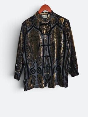 Chico's Velour Burnout Silk Blend Mandarin Collar Hanfu Frog Button Blouse 12/L